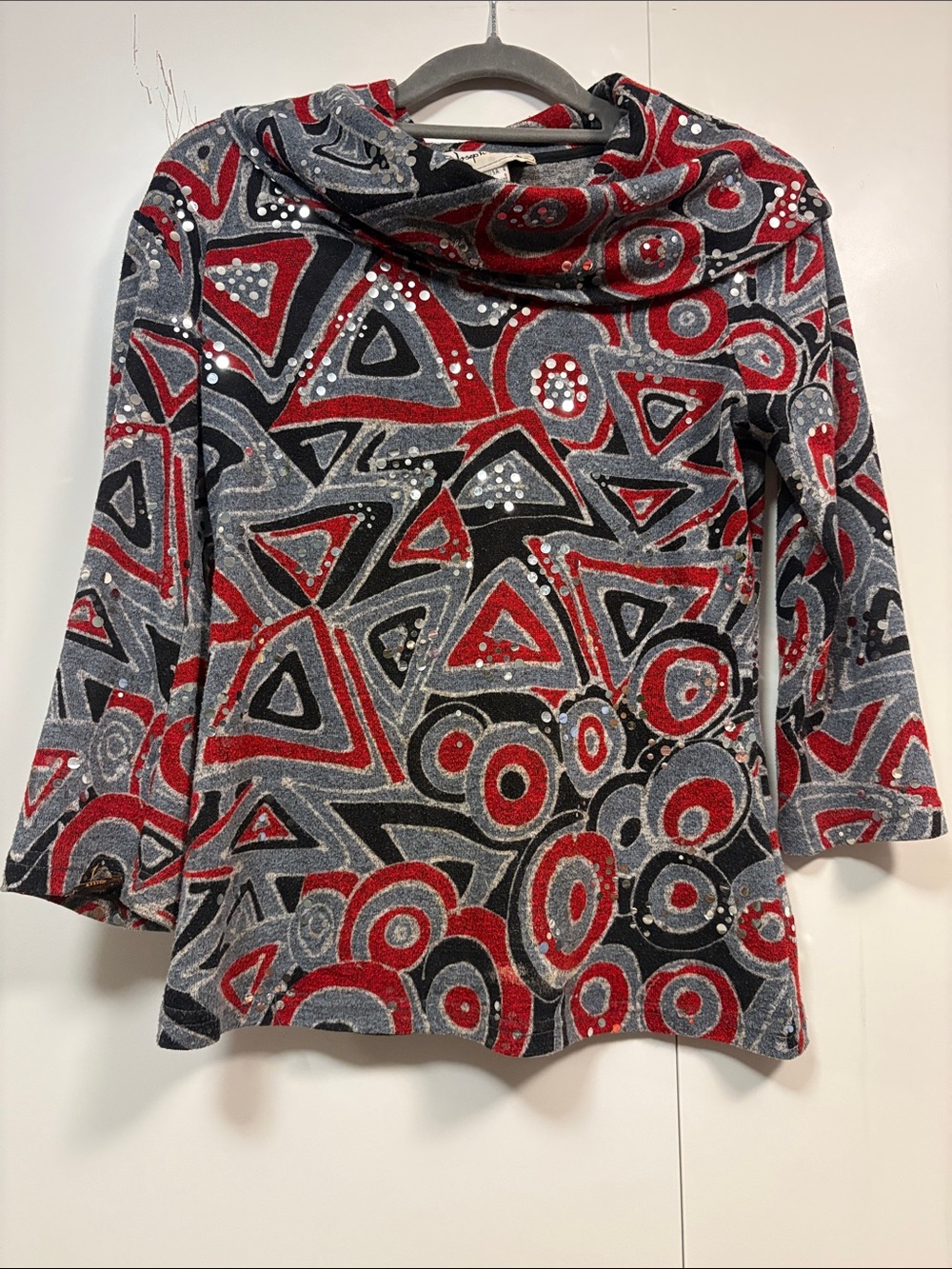 Vintage Joseph Ribkoff Red Black Gray Geometric Cowl Neck Tunic 4
